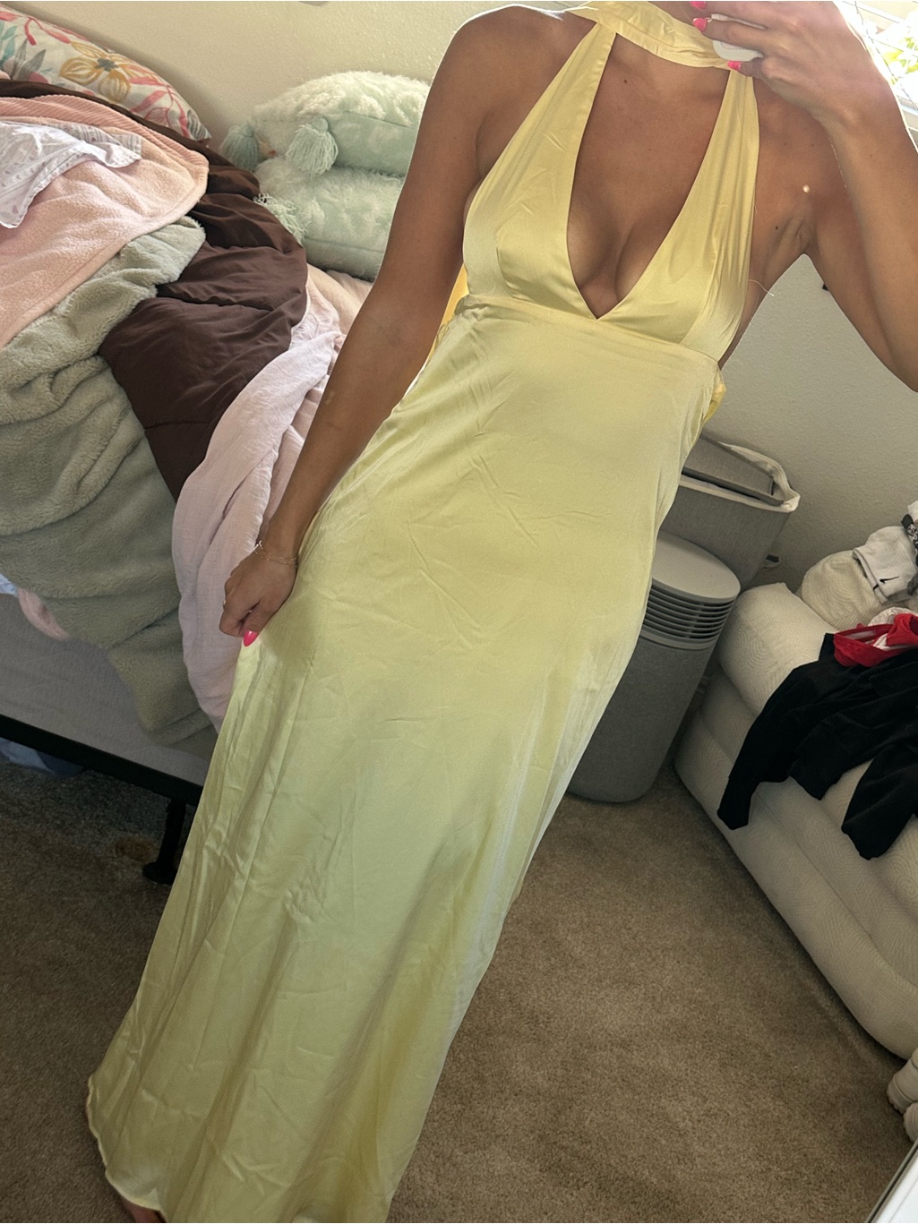 Peppermayo Alicia Satin Halter V-Neck Maxi Dress
